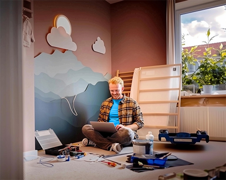 Man met laptop in babykamer