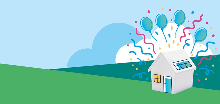 Een huisje met Happy Hour slingers en wolken erachter