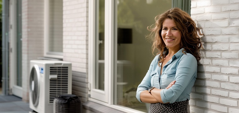 Vrouw in tuin bij warmtepomp