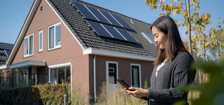 Vrouw naast huis met zonnepanelen op het dak