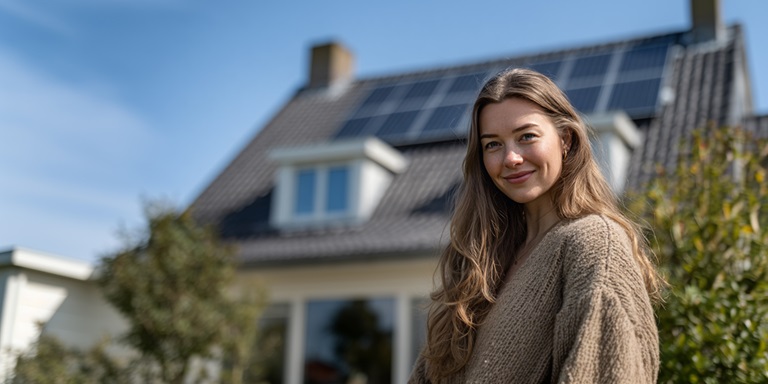 Vrouw in tuin - Huis met zonnepanelen