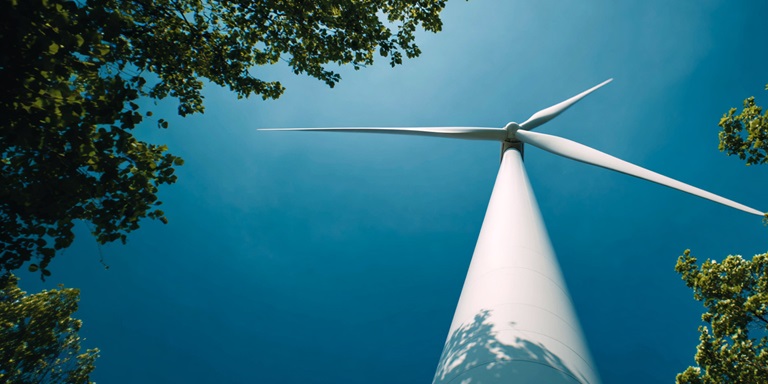 Windmolen tegen blauwe lucht met boombladeren aan de zijkant van het beeld
